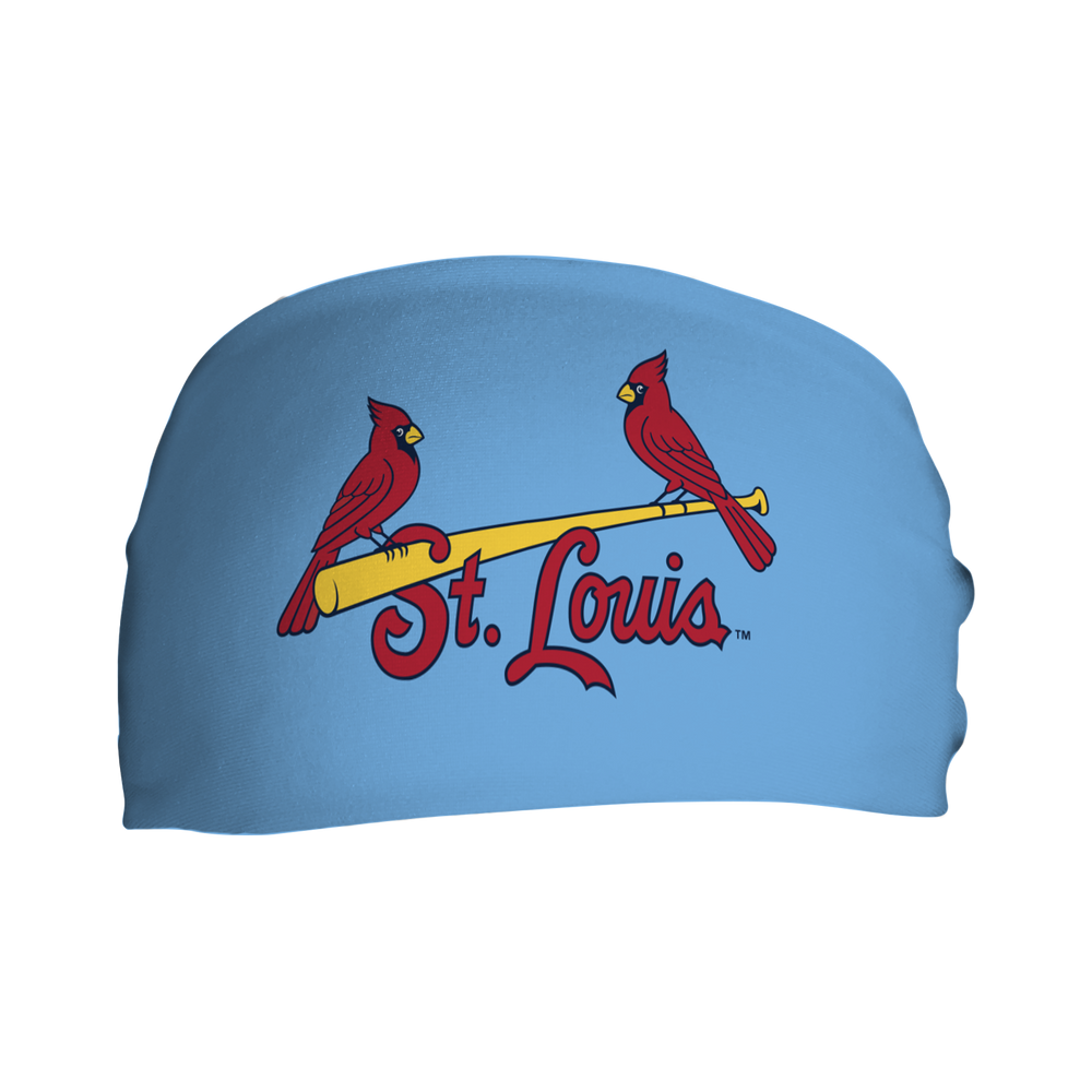 Front view of MLB St. Louis Cardinals light blue headband with alt cap logo. Made in USA, Vertical  Athletics brand.  