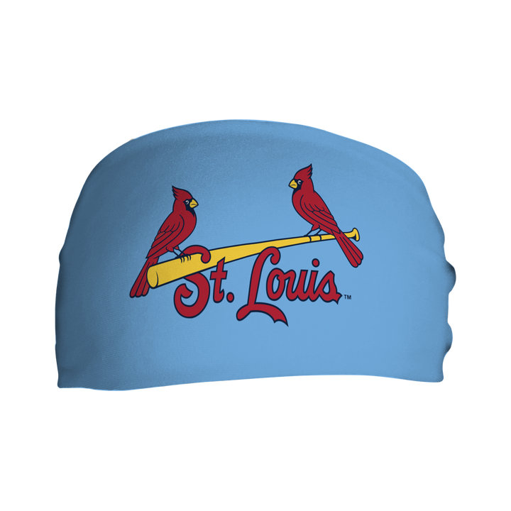 Front view of MLB St. Louis Cardinals light blue headband with alt cap logo. Made in USA, Vertical  Athletics brand.  