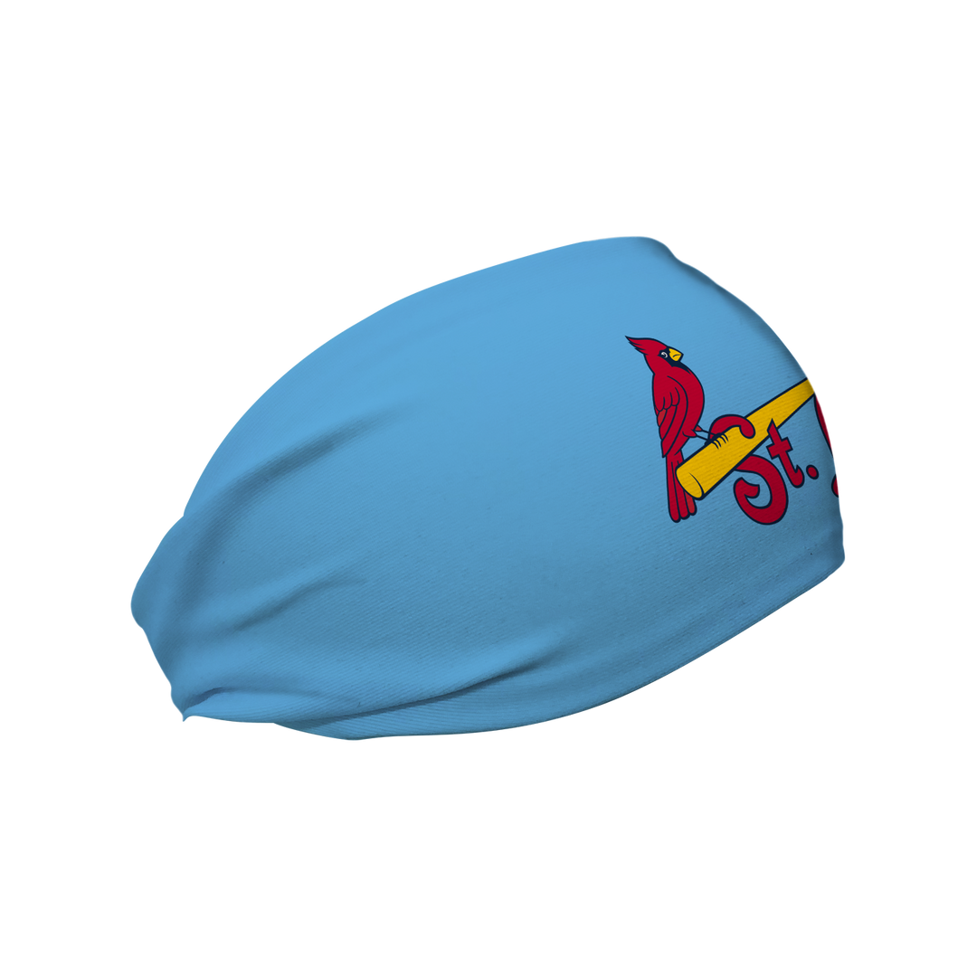 Side view of MLB St. Louis Cardinals light blue headband with alt cap logo. Made in USA, Vertical  Athletics brand.  