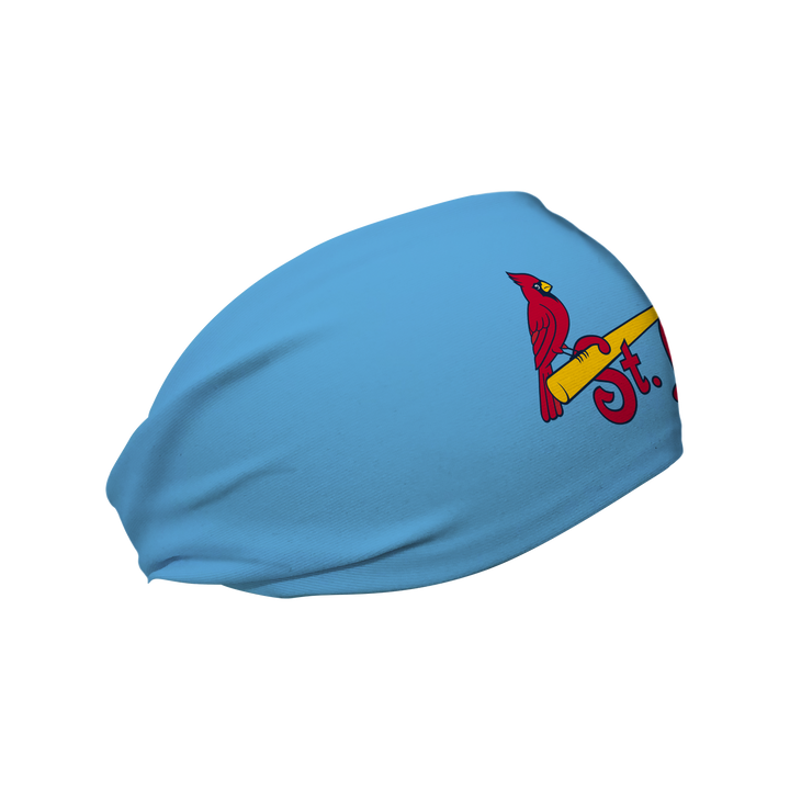 Side view of MLB St. Louis Cardinals light blue headband with alt cap logo. Made in USA, Vertical  Athletics brand.  