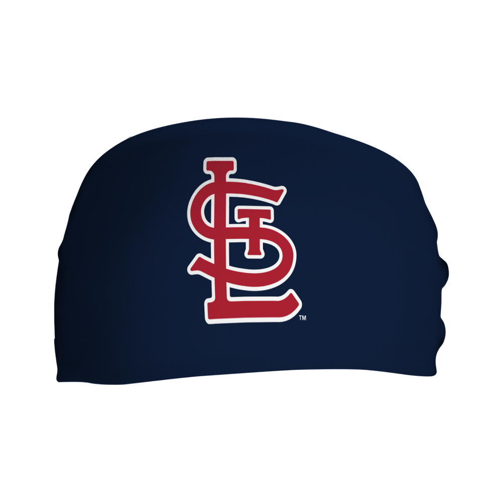 Front view of MLB St Louis Cardinals navy headband with cap logo. Made in USA, Vertical Athletics brand. 
