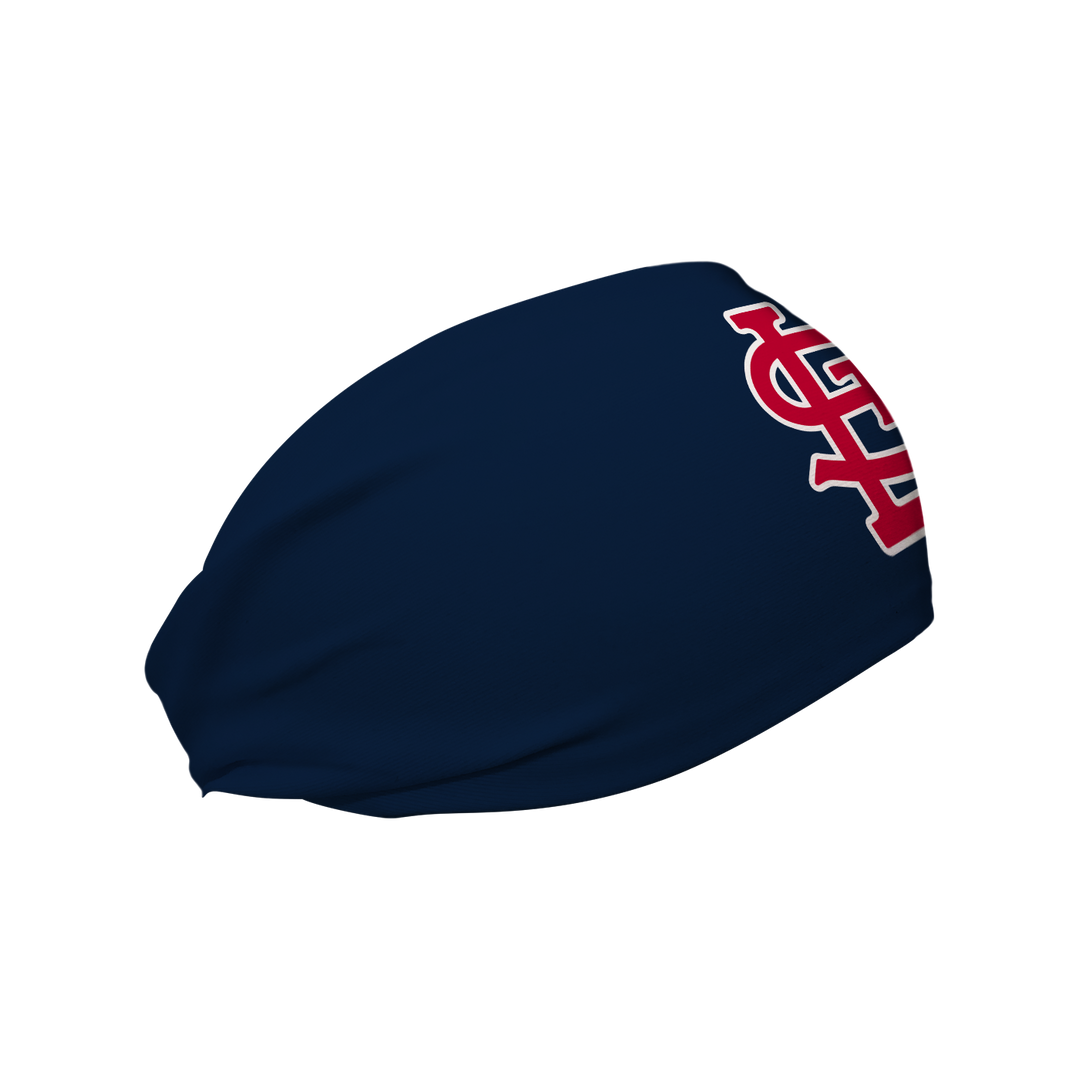 Side view of MLB St Louis Cardinals navy headband with cap logo. Made in USA, Vertical Athletics brand.  