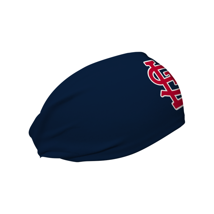Side view of MLB St Louis Cardinals navy headband with cap logo. Made in USA, Vertical Athletics brand.  