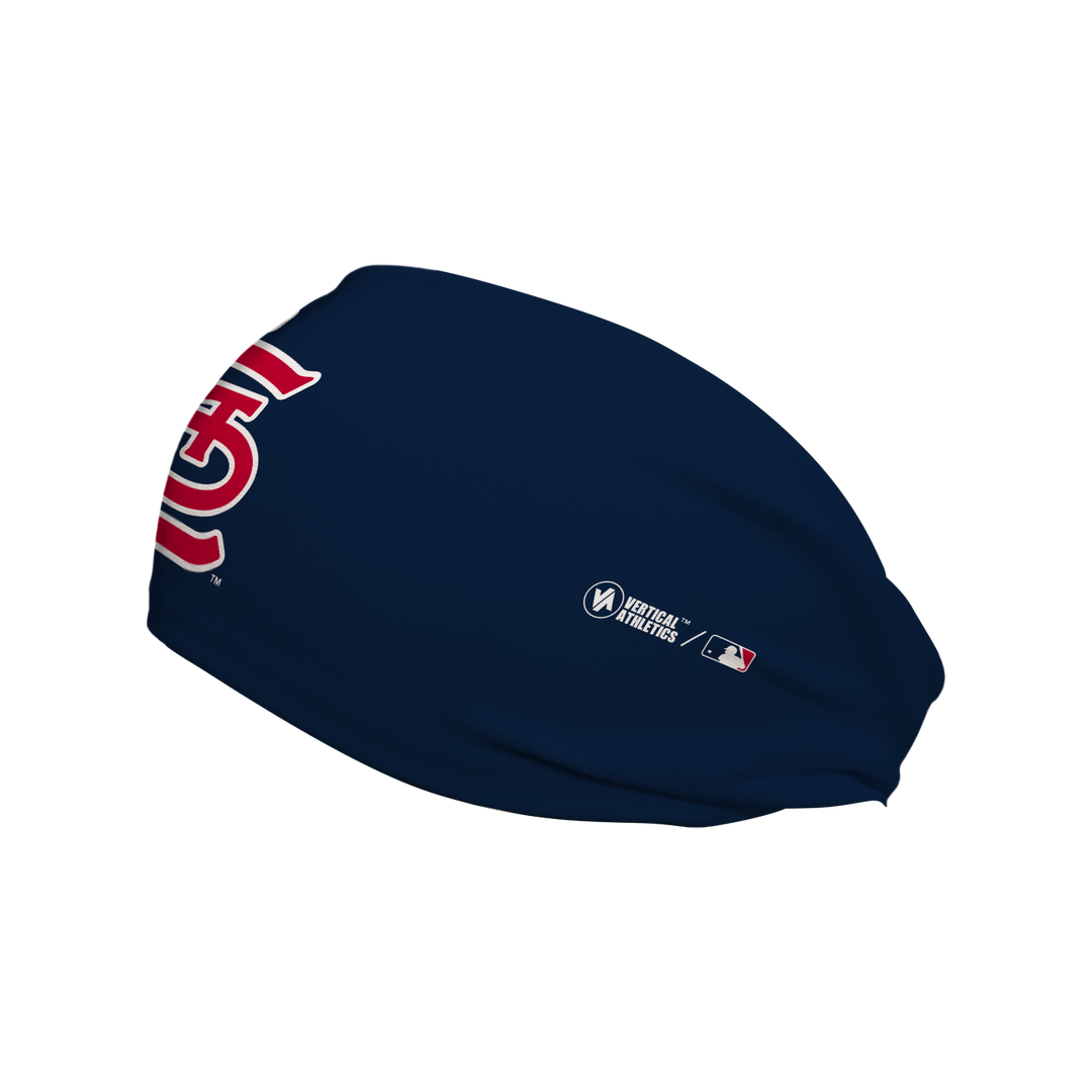 Side view of MLB St Louis Cardinals navy headband with cap logo. Made in USA, Vertical Athletics brand. 