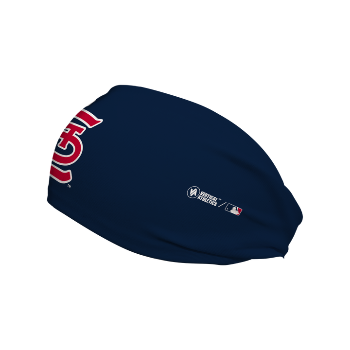 Side view of MLB St Louis Cardinals navy headband with cap logo. Made in USA, Vertical Athletics brand. 