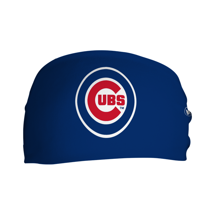 Front view of MLB Chicago Cubs royal blue headband with cap  logo. Made in USA, Vertical Athletics brand. 
