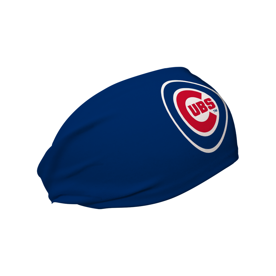 Side view of MLB Chicago Cubs royal blue headband with cap  logo. Made in USA, Vertical Athletics brand. 