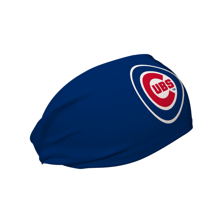 Side view of MLB Chicago Cubs royal blue headband with cap  logo. Made in USA, Vertical Athletics brand. 