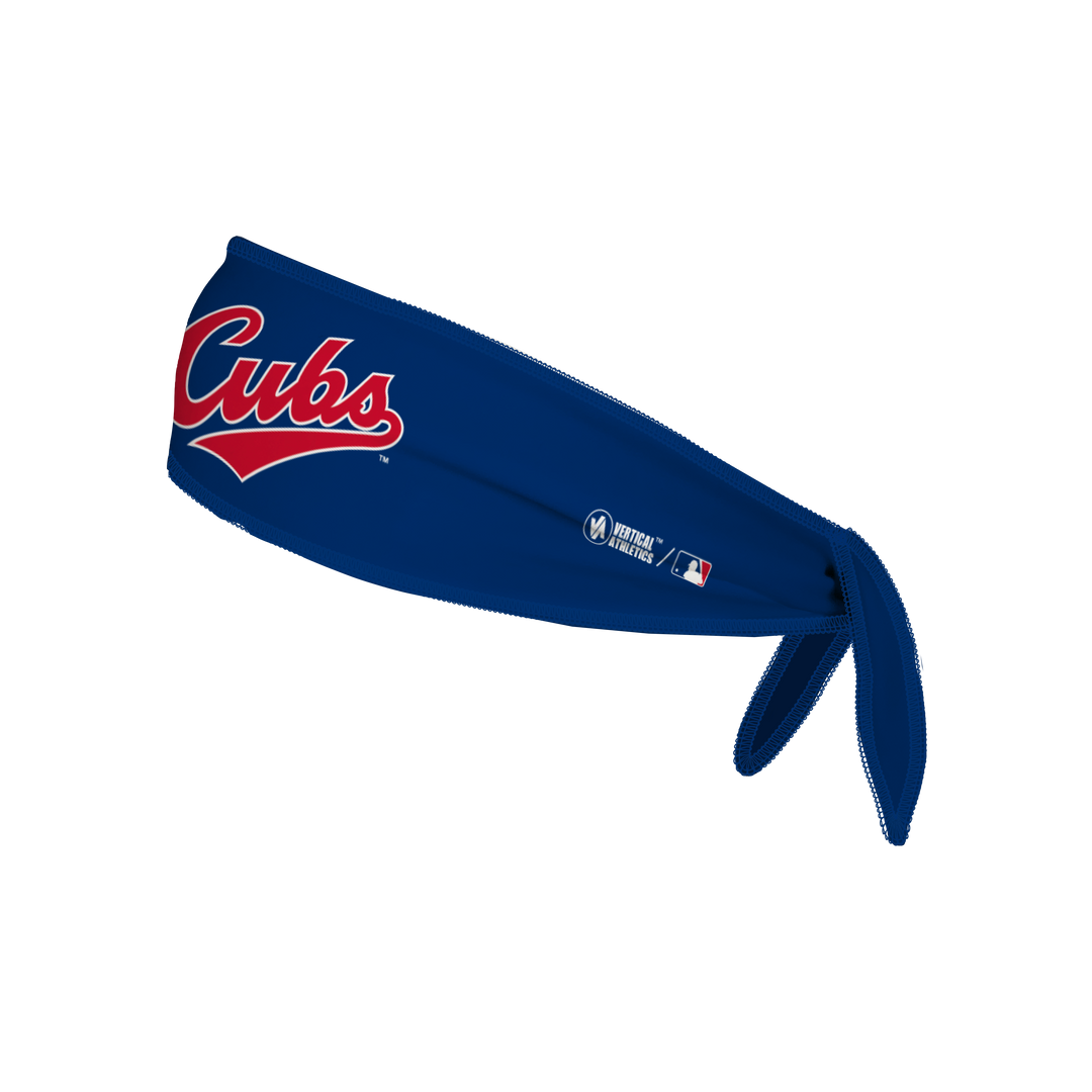 Side view of MLB Chicago Cubs navy Tie-Back Cooling Headband with Coop Wordmark Logo. Made in USA, Vertical Athletics brand. 
