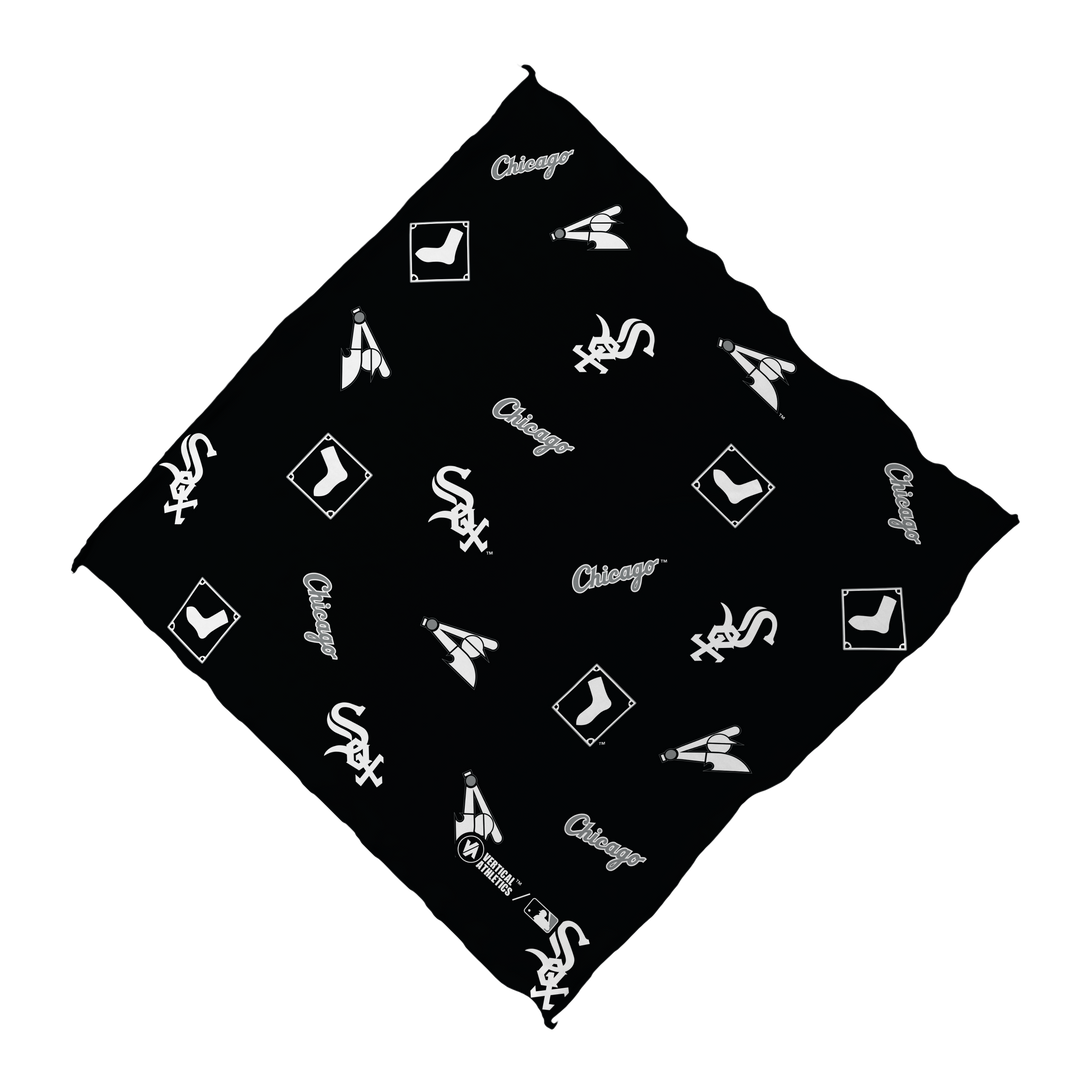 Unfolded view of MLB Chicago White Sox black cooling bandana with logos all over. Made in USA, Vertical Athletics brand.
