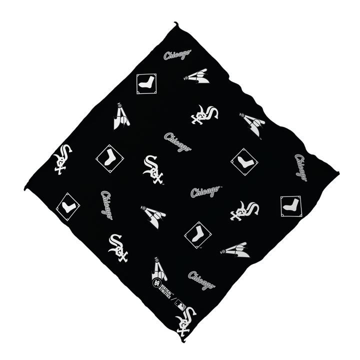 Unfolded view of MLB Chicago White Sox black cooling bandana with logos all over. Made in USA, Vertical Athletics brand.