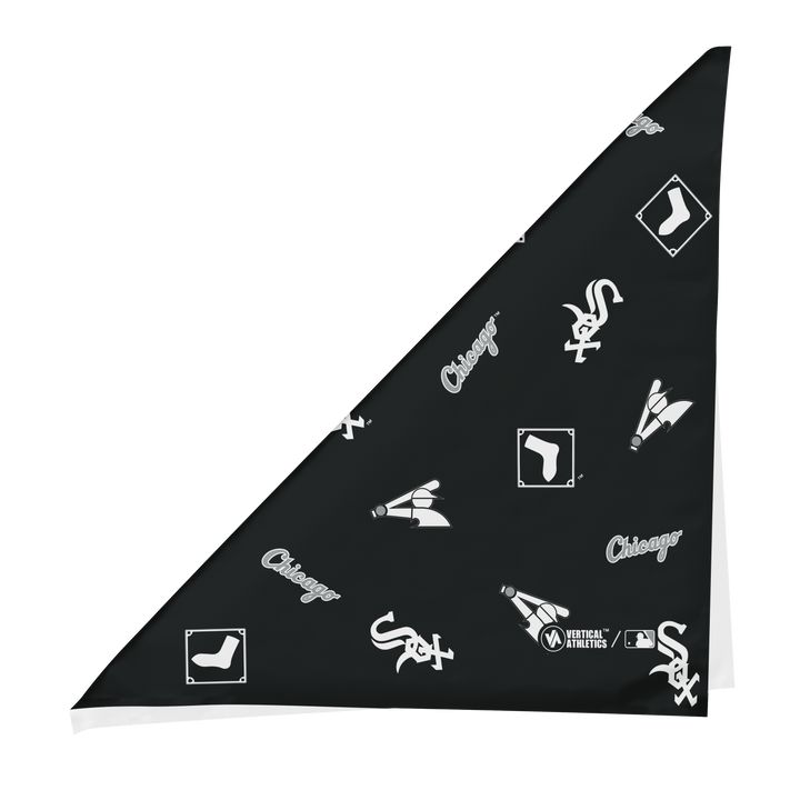 Folded view of MLB Chicago White Sox black cooling bandana with logos all over. Made in USA, Vertical Athletics brand. 