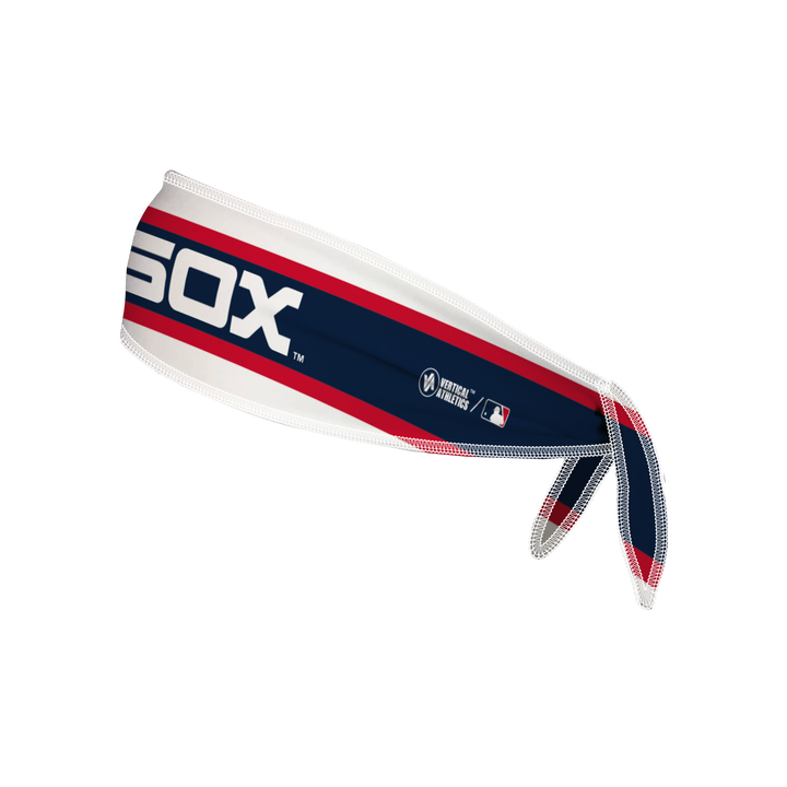 Side view of MLB Chicago White Sox white tieback headband with alt wordmark  logo. Made in USA, Vertical Athletics brand.  