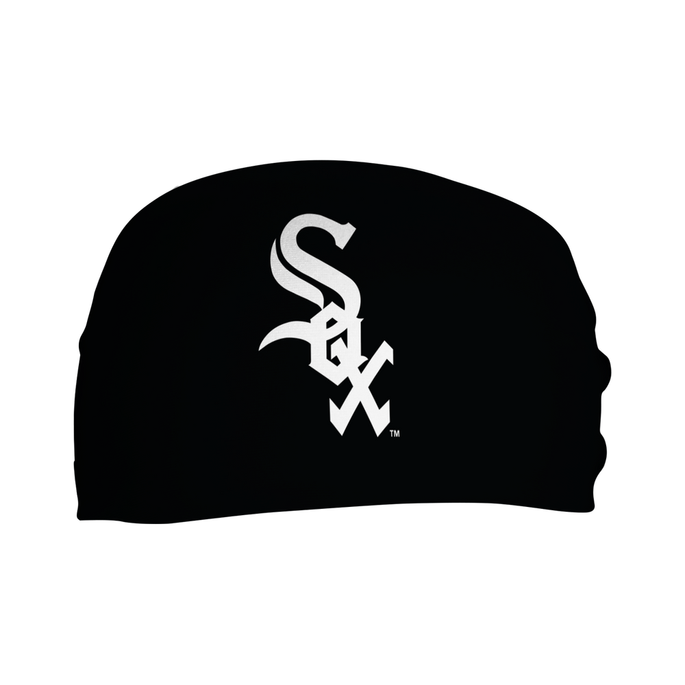 MLB Chicago White Sox black cooling headband with cap logo. Made in USA, Vertical Athletics brand. 