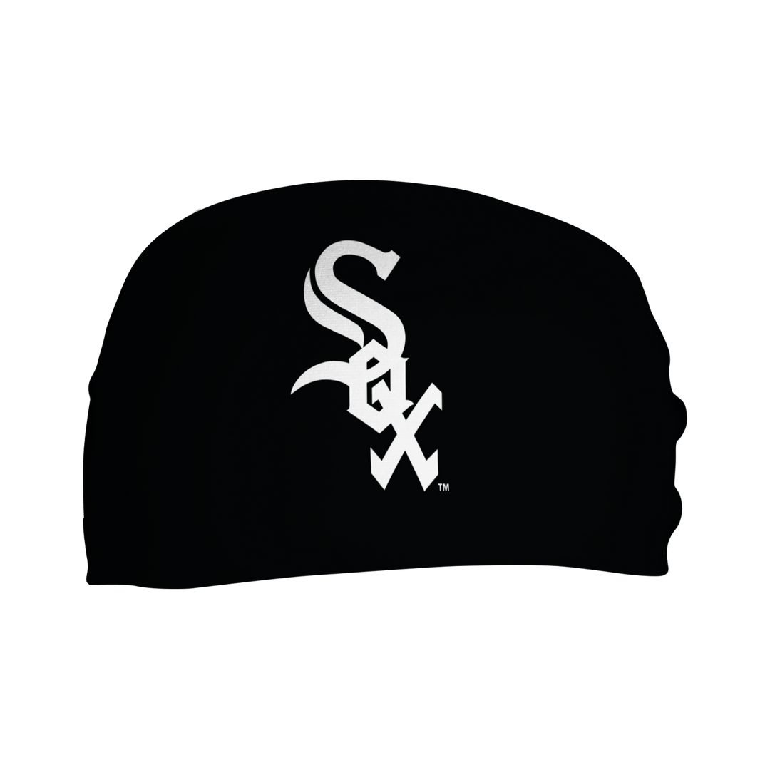 MLB Chicago White Sox black cooling headband with cap logo. Made in USA, Vertical Athletics brand. 