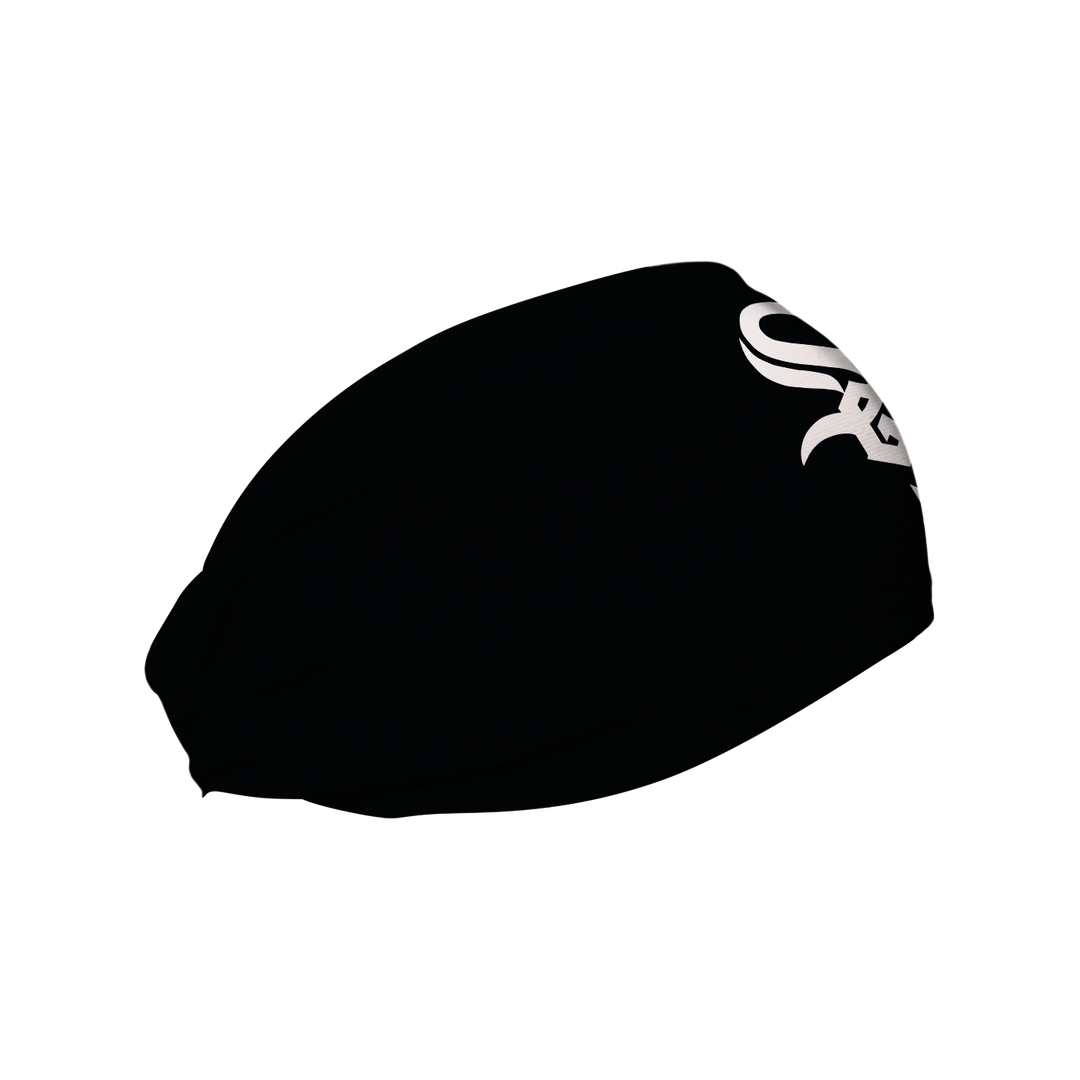 MLB Chicago White Sox black cooling headband with cap logo. Made in USA, Vertical Athletics brand. 
