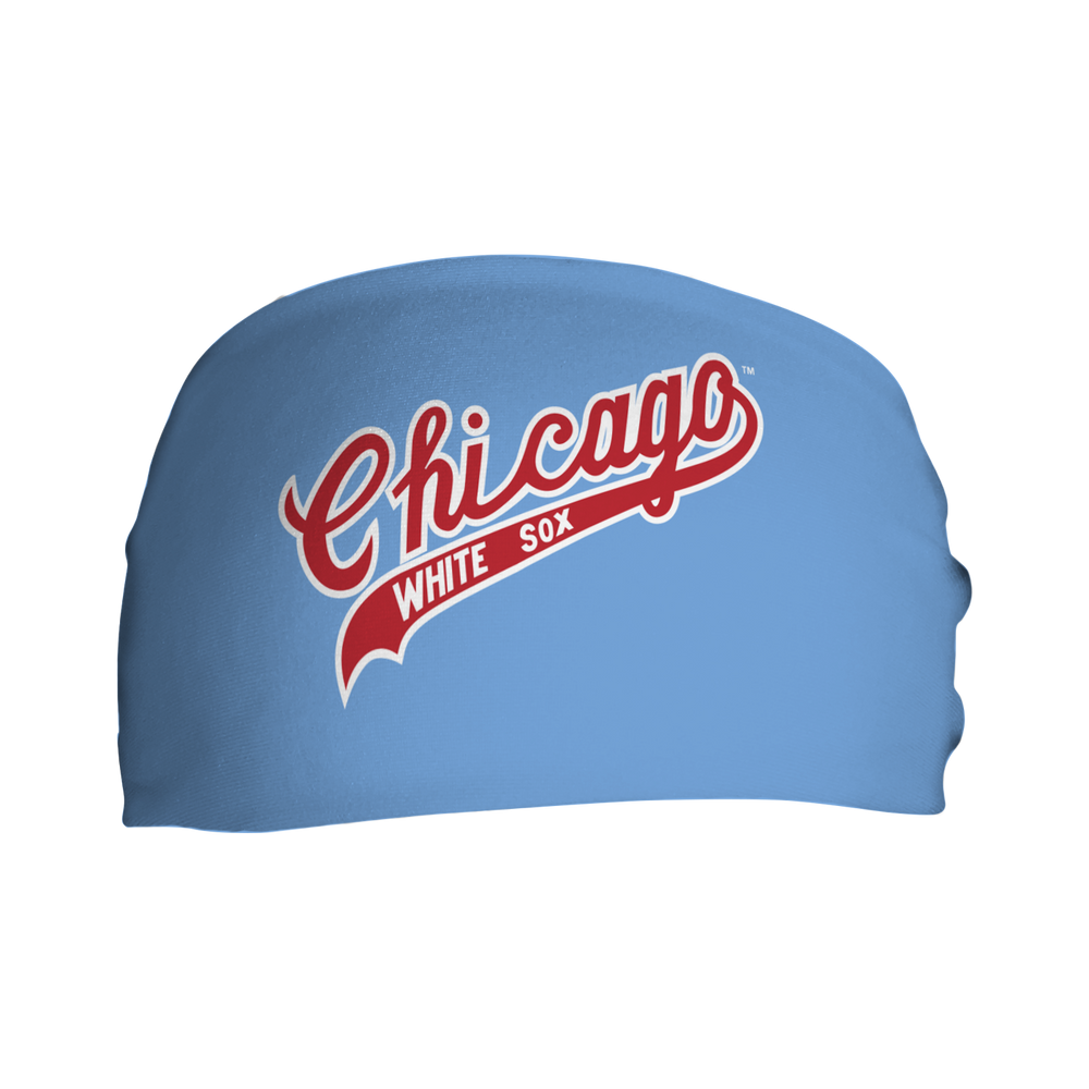 Front view of MLB Chicago White Sox light blue headband with coop logo. Made in USA, Vertical Athletics brand. 