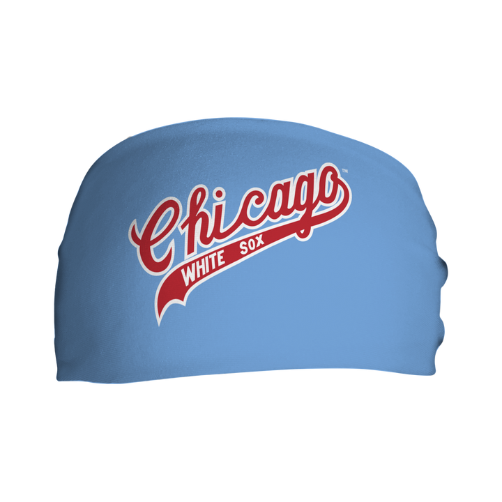 Front view of MLB Chicago White Sox light blue headband with coop logo. Made in USA, Vertical Athletics brand. 