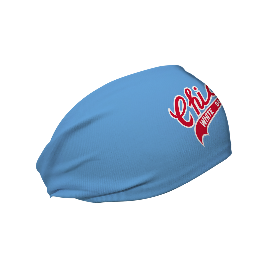 Side view of MLB Chicago White Sox light blue headband with coop logo. Made in USA, Vertical Athletics brand. 