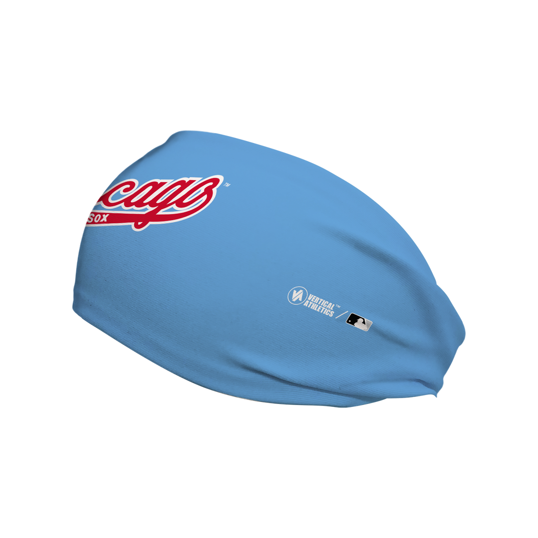 Side view of MLB Chicago White Sox light blue headband with coop logo. Made in USA, Vertical Athletics brand. 
