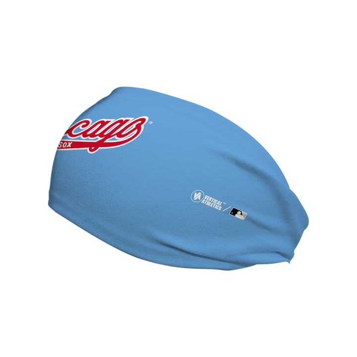 Side view of MLB Chicago White Sox light blue headband with coop logo. Made in USA, Vertical Athletics brand. 