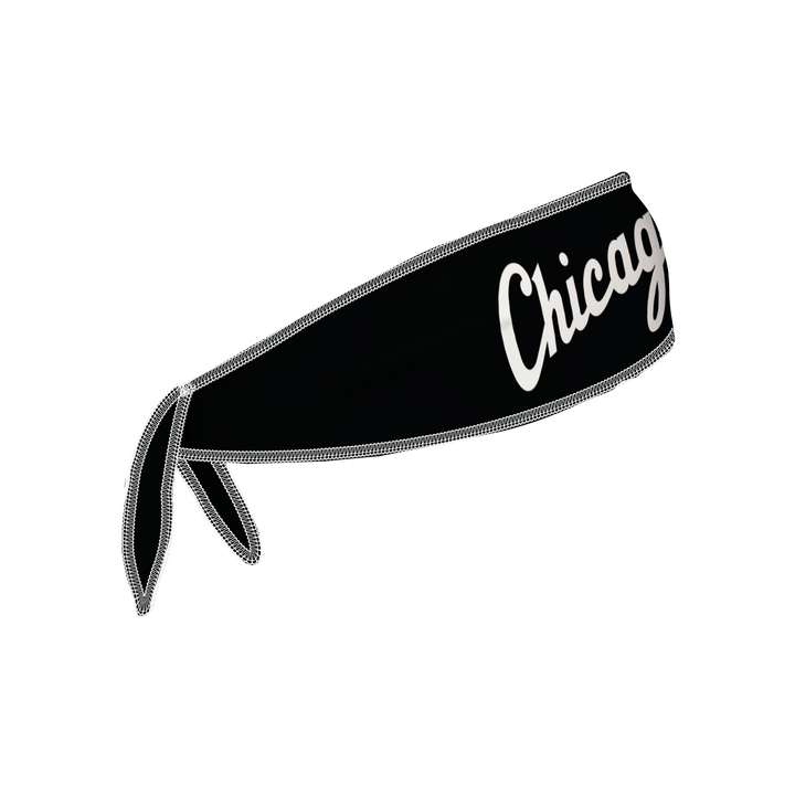 Side view of MLB Chicago White Sox black tieback headband with wordmark  logo. Made in USA, Vertical Athletics brand.