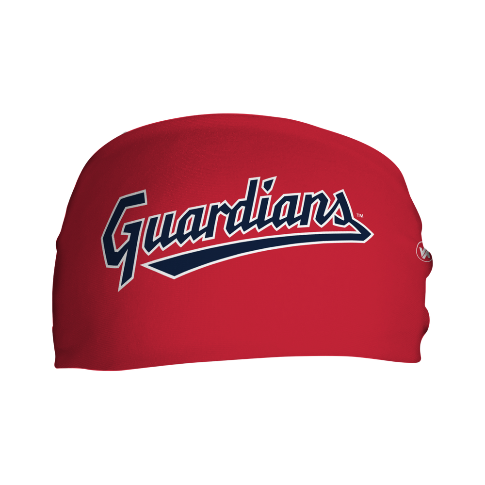Front view of MLB Cleveland Guardians Red headband with Wordmark logo. Made in USA, Vertical Athletics brand. 