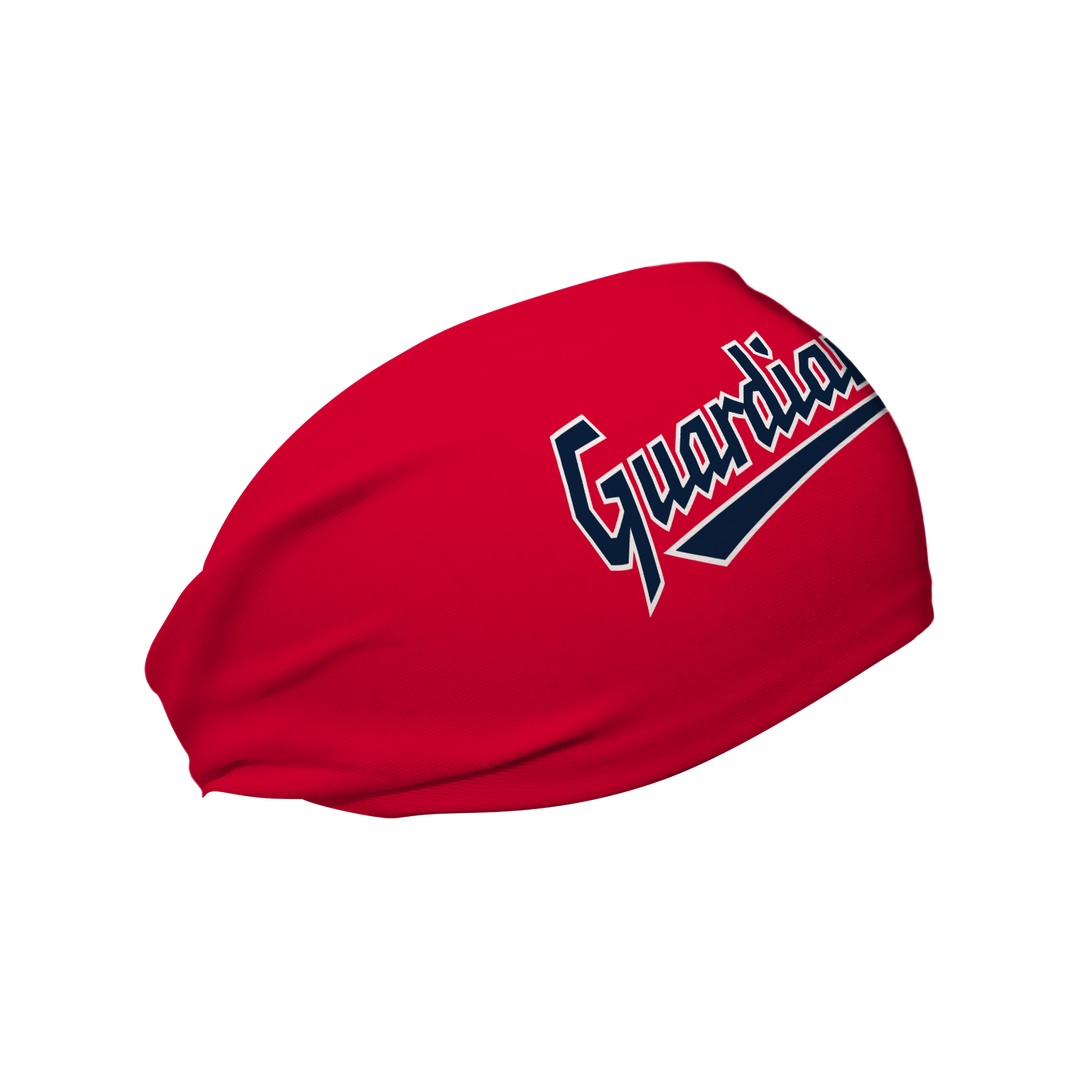 Side view of MLB Cleveland Guardians Red headband with Wordmark logo. Made in USA, Vertical Athletics brand. 