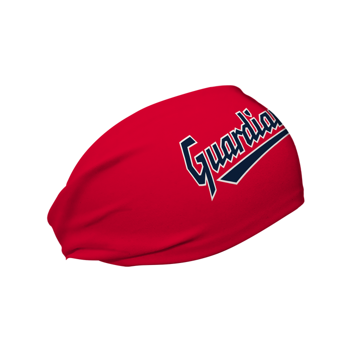 Side view of MLB Cleveland Guardians Red headband with Wordmark logo. Made in USA, Vertical Athletics brand. 