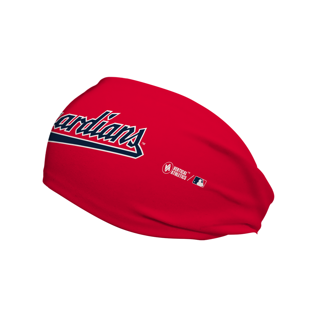 Side view of MLB Cleveland Guardians Red headband with Wordmark logo. Made in USA, Vertical Athletics brand. 