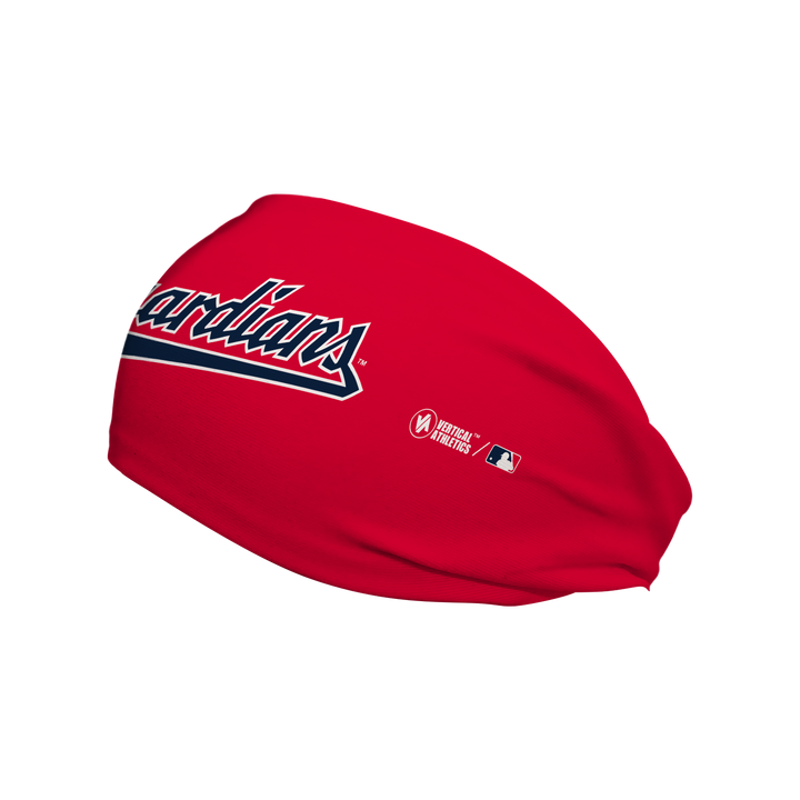 Side view of MLB Cleveland Guardians Red headband with Wordmark logo. Made in USA, Vertical Athletics brand. 