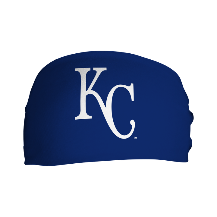 Front view of Kansas City Royals  headband with cap  logo. Made in USA, Vertical Athletics brand.