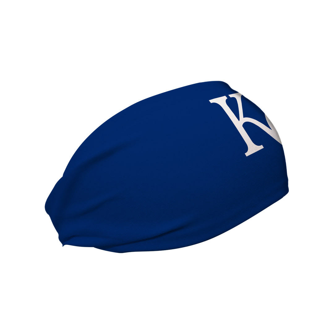 SIde view of Kansas City Royals  headband with cap  logo. Made in USA, Vertical Athletics brand. 