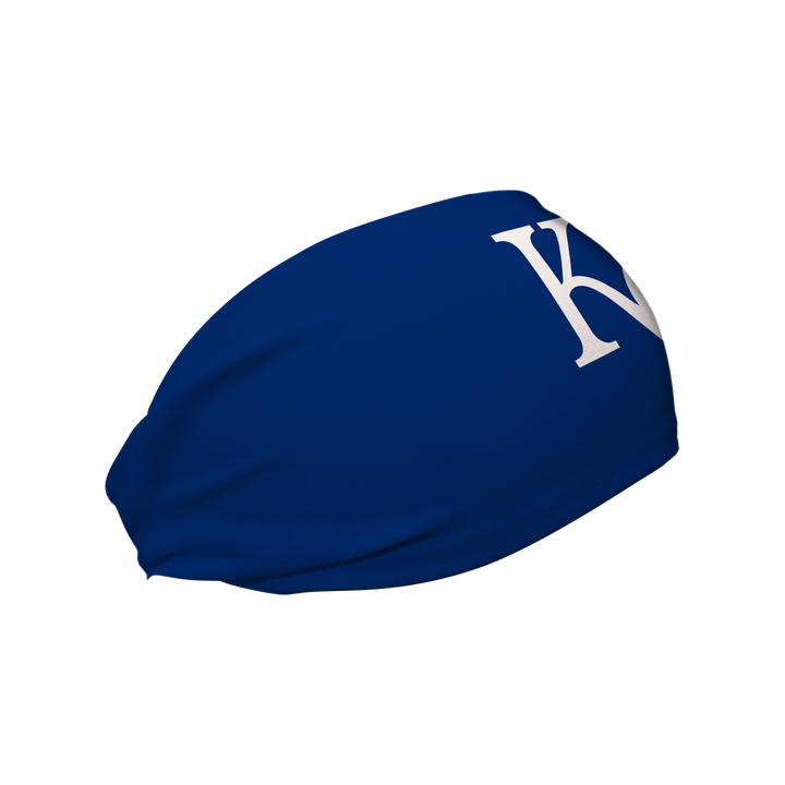 SIde view of Kansas City Royals  headband with cap  logo. Made in USA, Vertical Athletics brand. 