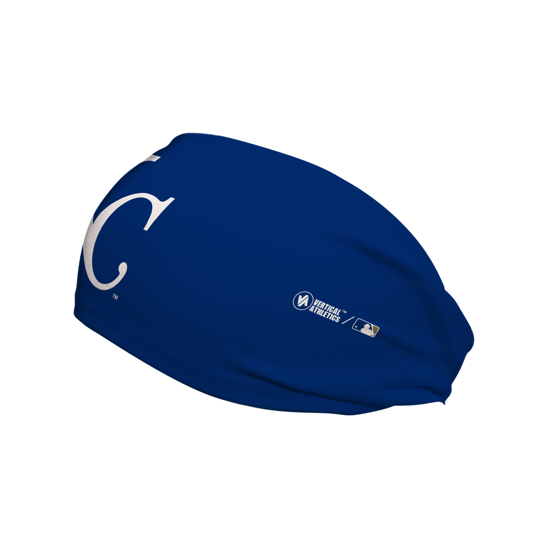 SIde view of Kansas City Royals  headband with cap  logo. Made in USA, Vertical Athletics brand. 