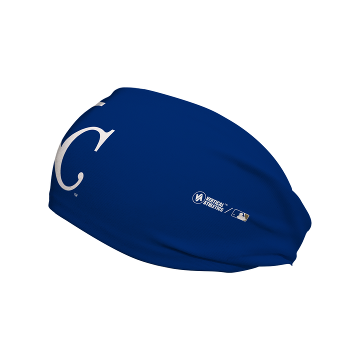 SIde view of Kansas City Royals  headband with cap  logo. Made in USA, Vertical Athletics brand. 