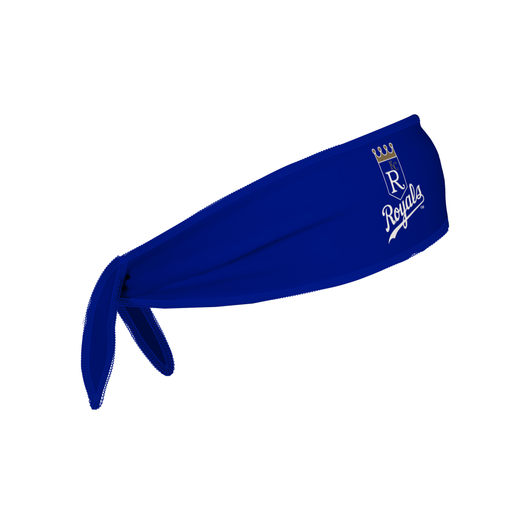 Side view of Kansas City Royals, royal blue Tie-Back Cooling Headband with wordmark logo . Made in USA, Vertical  Athletics brand.   