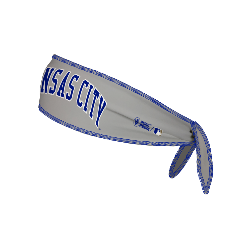 Side view of Kansas City Royals gray Tie-Back Cooling Headband with coop wordmark logo . Made in USA, Vertical  Athletics brand.  