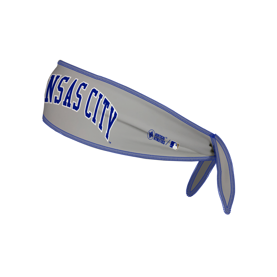 Side view of Kansas City Royals gray Tie-Back Cooling Headband with coop wordmark logo . Made in USA, Vertical  Athletics brand.  