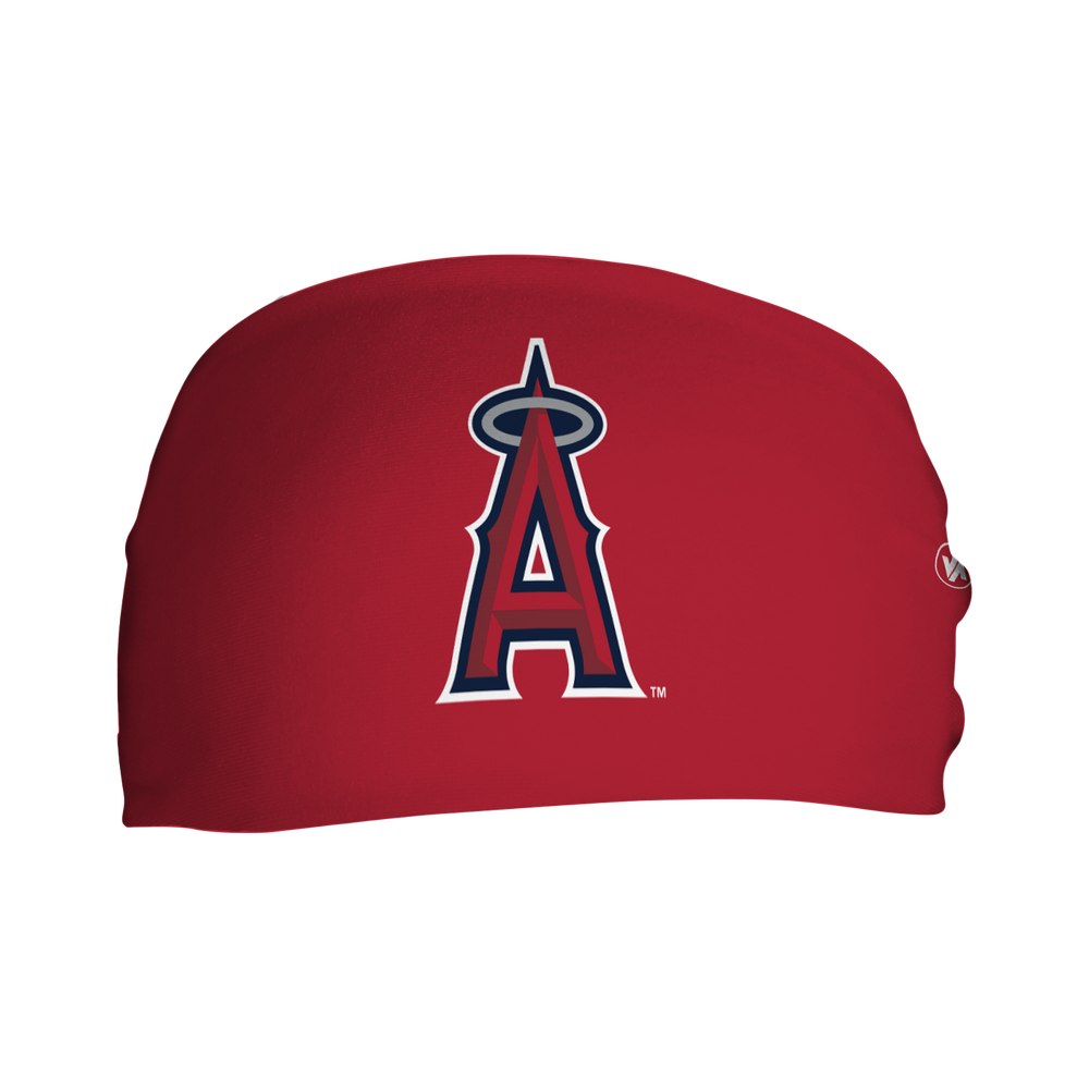 Front view of Los Angeles Angels Red headband with Cap Logo. Made in USA, Vertical Athletics brand. 