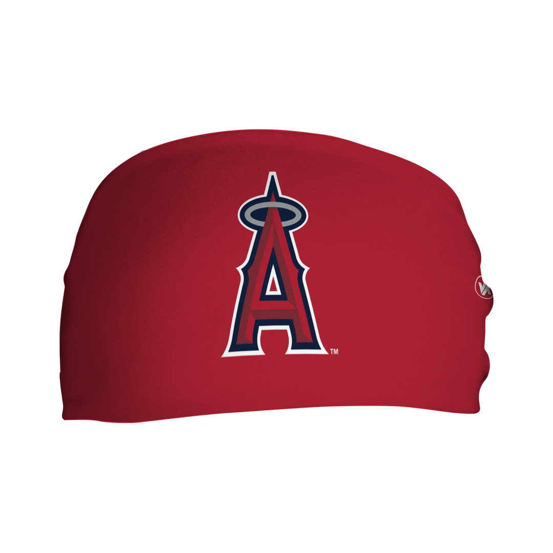 Front view of Los Angeles Angels Red headband with Cap Logo. Made in USA, Vertical Athletics brand. 