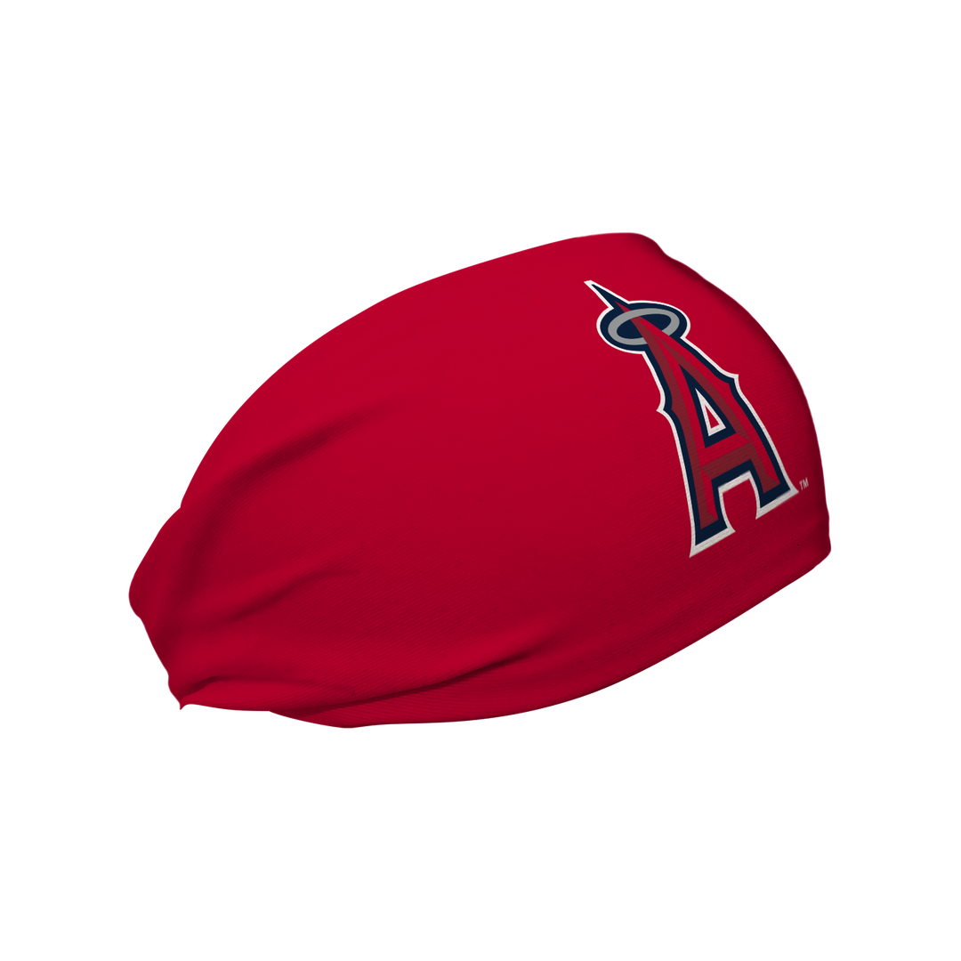 Side view of Los Angeles Angels Red headband with Cap Logo. Made in USA, Vertical Athletics brand.  