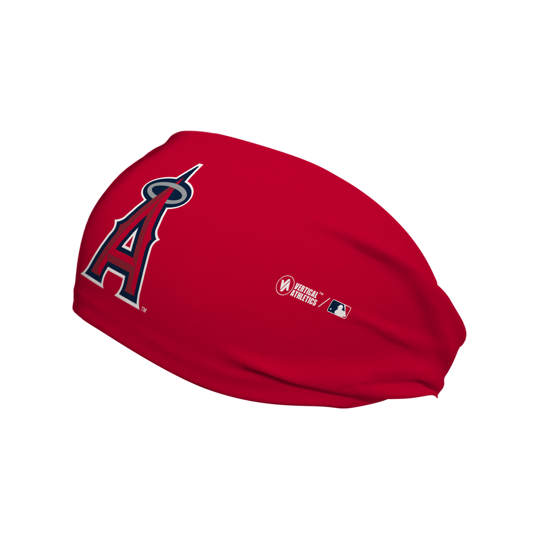 Side view of Los Angeles Angels Red headband with Cap Logo. Made in USA, Vertical Athletics brand. 