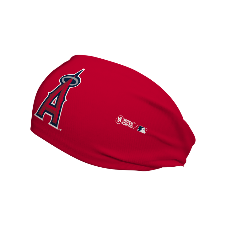 Side view of Los Angeles Angels Red headband with Cap Logo. Made in USA, Vertical Athletics brand. 