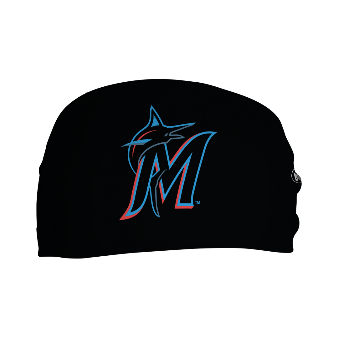 Front view of MLB Miami Marlins Black headband with Cap logo. Made in USA, Vertical Athletics brand.  