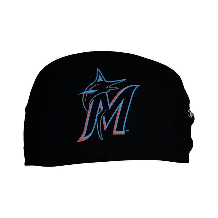 Front view of MLB Miami Marlins Black headband with Cap logo. Made in USA, Vertical Athletics brand.  