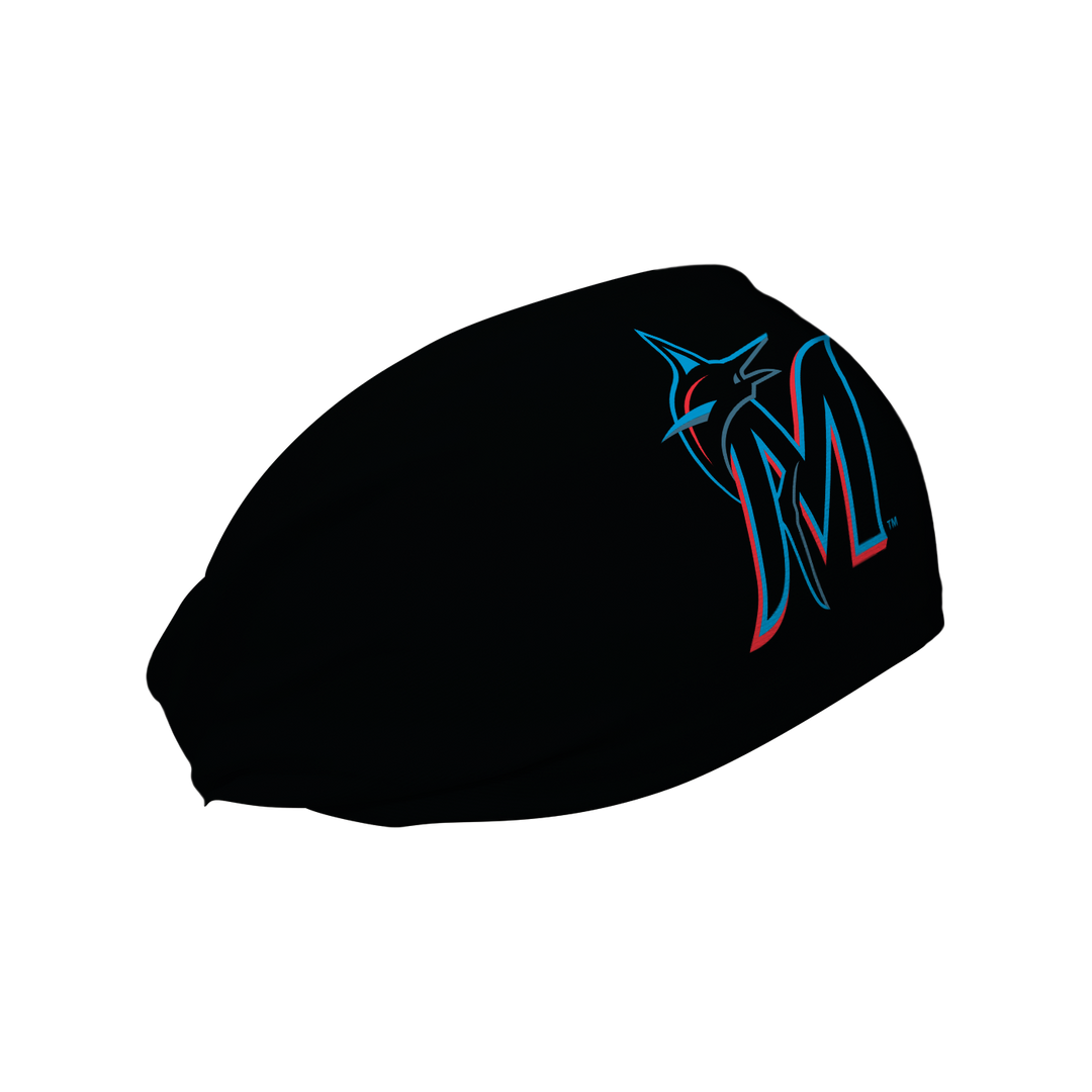 Side view of MLB Miami Marlins Black headband with Cap logo. Made in USA, Vertical Athletics brand.  