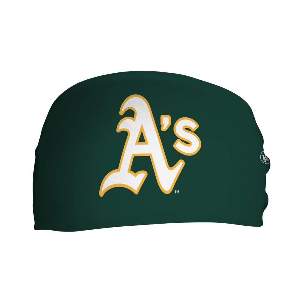 Front view of MLB Athletics cooling headband with cap logo. Made in USA, Vertical Athletics brand.  