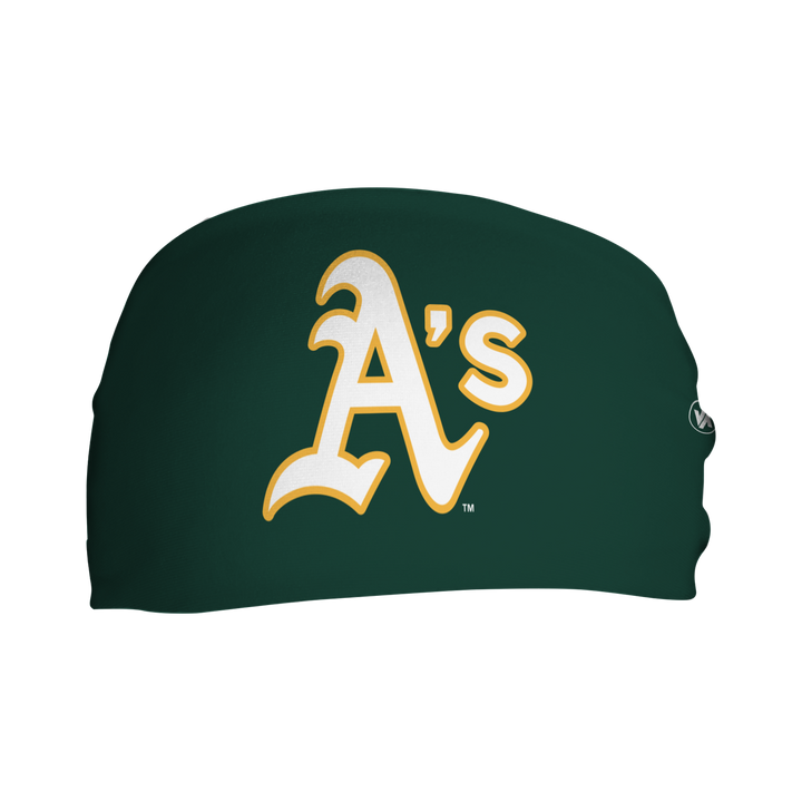 Front view of MLB Athletics cooling headband with cap logo. Made in USA, Vertical Athletics brand.  