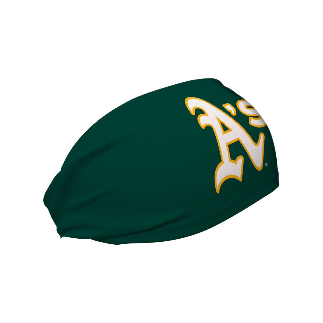 Side view of MLB Athletics cooling headband with cap logo. Made in USA, Vertical Athletics brand.  